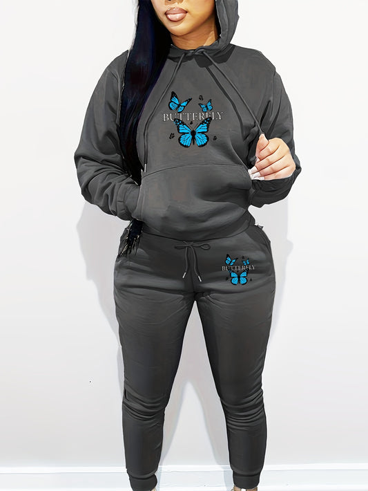 Butterfly Pattern Hooded Long Sleeve Hoodie and Pants - Women's Casual Two-Piece Knit Polyester Set with Pockets