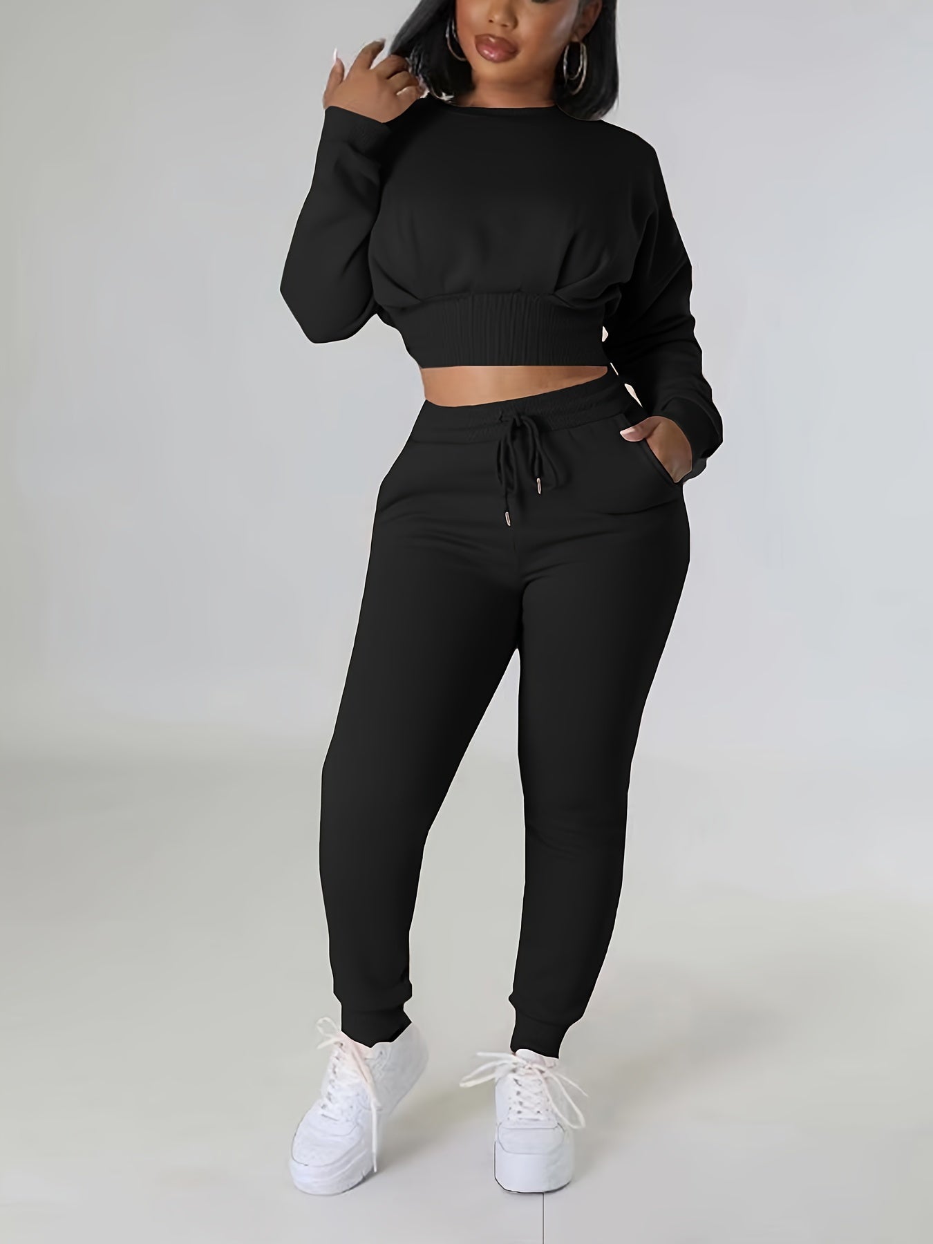 Women's Ribbed Fleece-Lined Casual Two-Piece Set: Long Sleeve Crop Top & High-Waist Pants - Stretchy Polyester Blend, Machine Washable, Solid Black