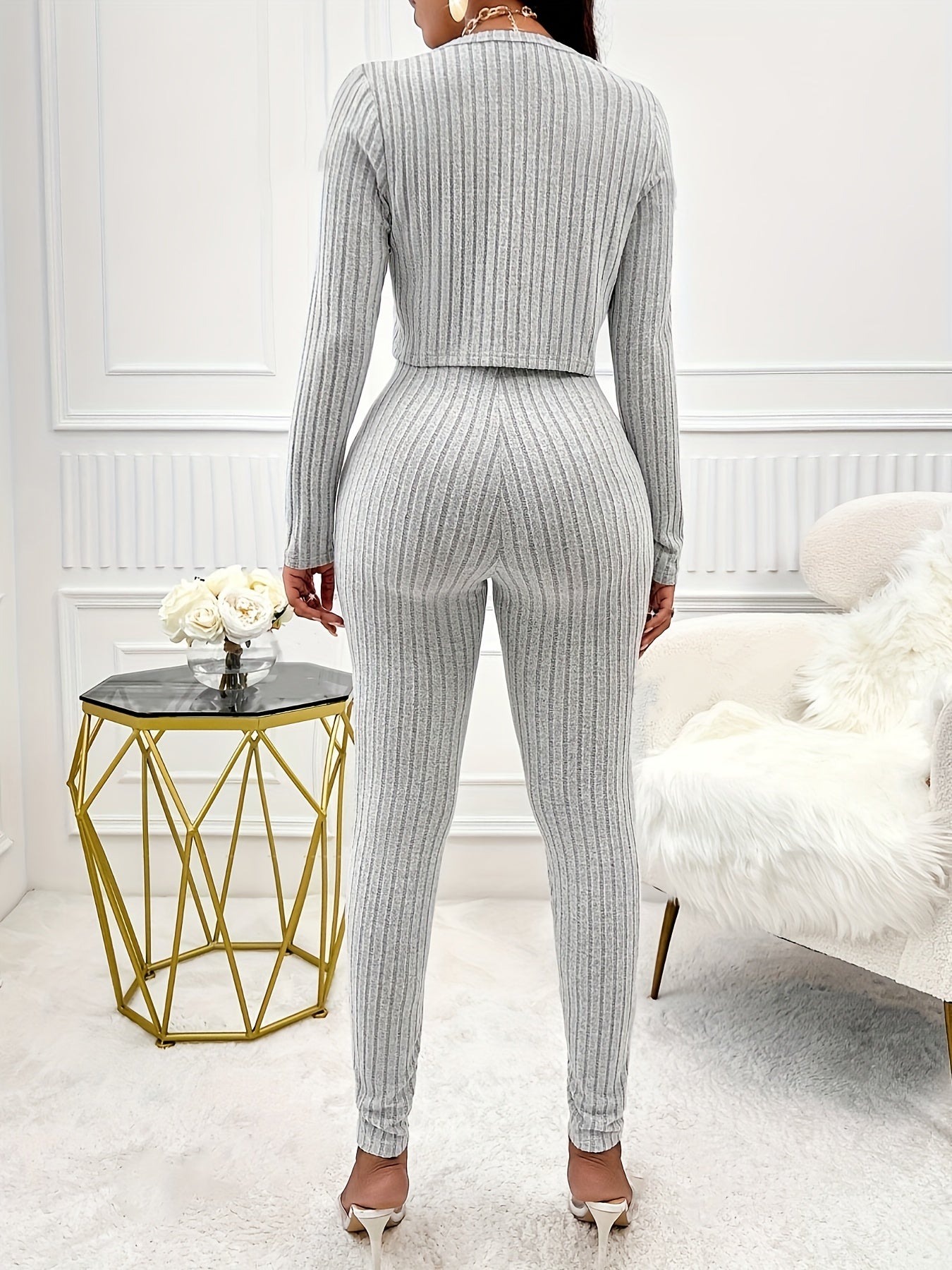 Women's Solid Color Ribbed Two-piece Set - Long Sleeve Button Front Crop Cardigan & Skinny Strapless Jumpsuit Outfits - For Women - Perfect for Casual & Party Occasions - Stylish Gift for Fashionable Women