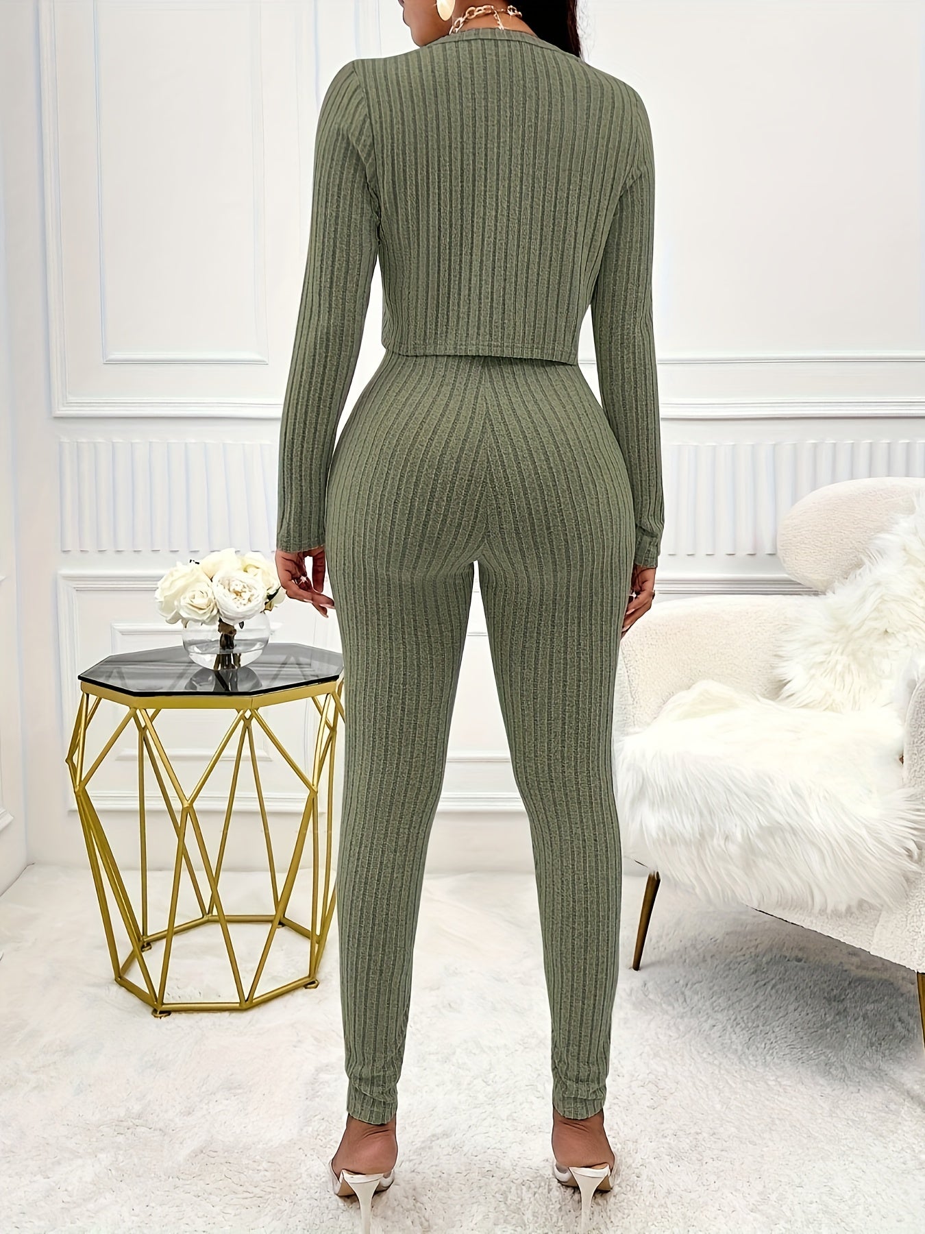 Women's Solid Color Ribbed Two-piece Set - Long Sleeve Button Front Crop Cardigan & Skinny Strapless Jumpsuit Outfits - For Women - Perfect for Casual & Party Occasions - Stylish Gift for Fashionable Women
