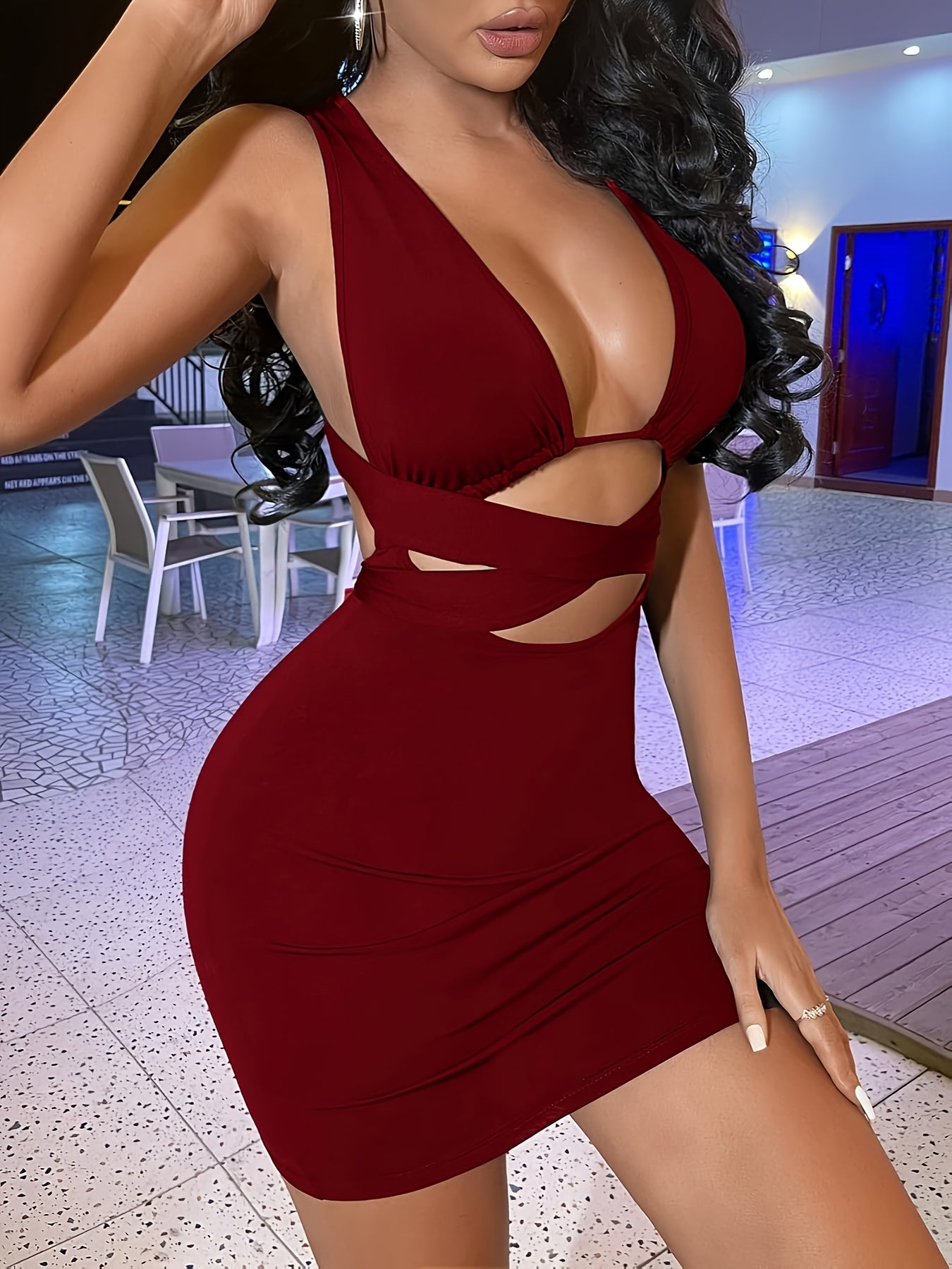 Women's Sexy Yellow Bodycon Dress with Criss Cross Tie Back, Plunging Neckline - Sleeveless, Stretch Polyester Fabric, Machine Washable, Summer Outfit | Criss Cross Design | Stretchable Material, Body Fitting Dress