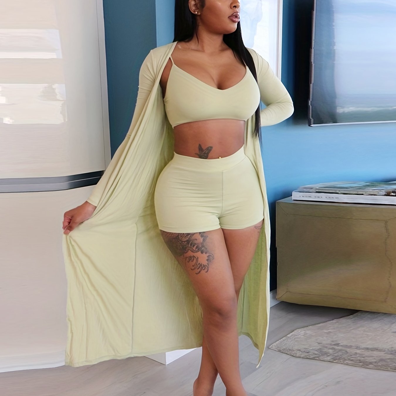 Casual Solid Three-piece Set, Crop Cami Top & High Waist Shorts & Open Front Coat Outfits, Women's Clothing