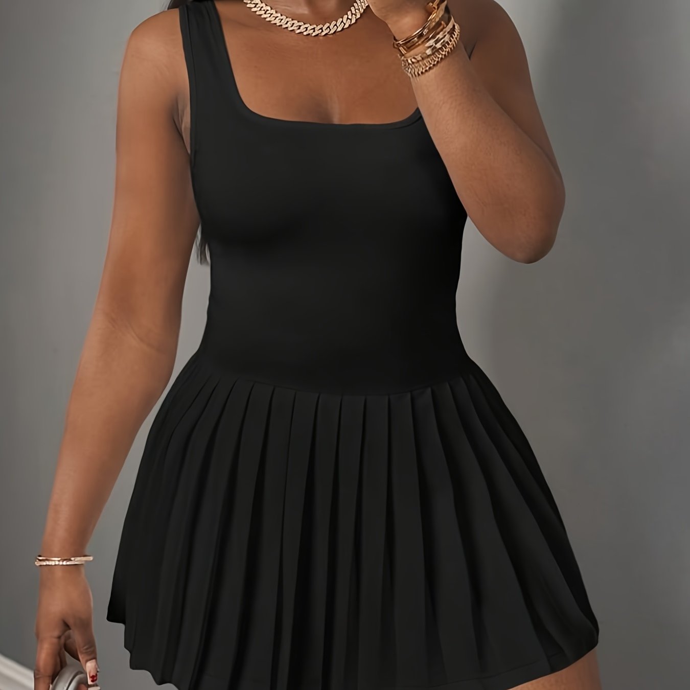 Women's High-Waisted Stretchy Sleeveless Square Neck Mini Dress with Pleated Hem - Flared Fitted Top & Flared Skirt for Commuting, Tennis, Gym, Dates - Machine Washable White Casual Chic Outfit, Fitness Clothing