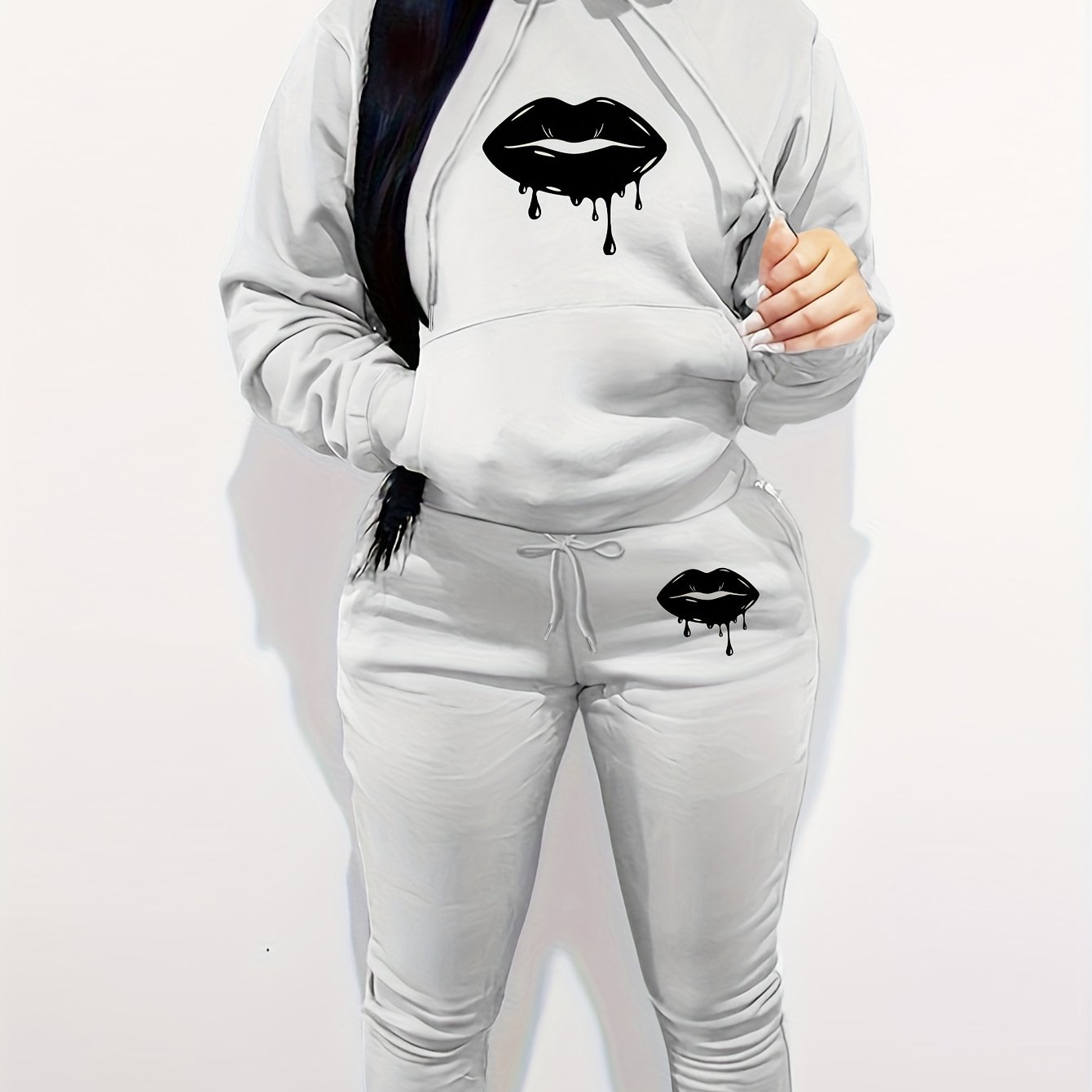 Women'S Casual Two-Piece Set - Gray Hoodie with Black Lip Print & Matching Pants, Long Sleeve, Drawstring Hood, Pockets, Comfortable Fall/Winter Outfit, Comfortable Clothing | Playful Design | Drawstring Hoodie