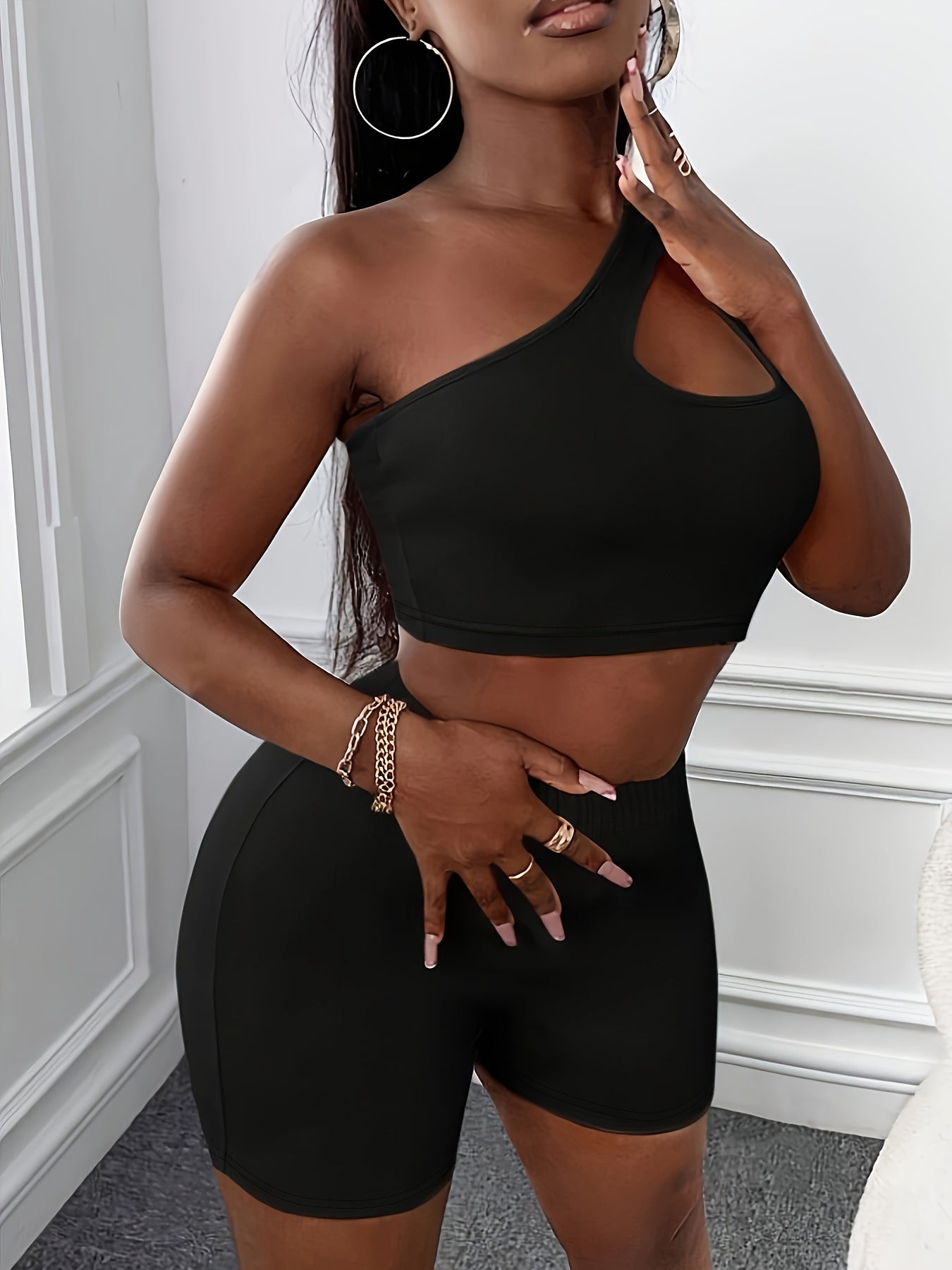 Casual Solid Color Shorts Set, One Shoulder Cut Out Crop Tank Top & High Waist Skinny Leggings, Women's Clothing