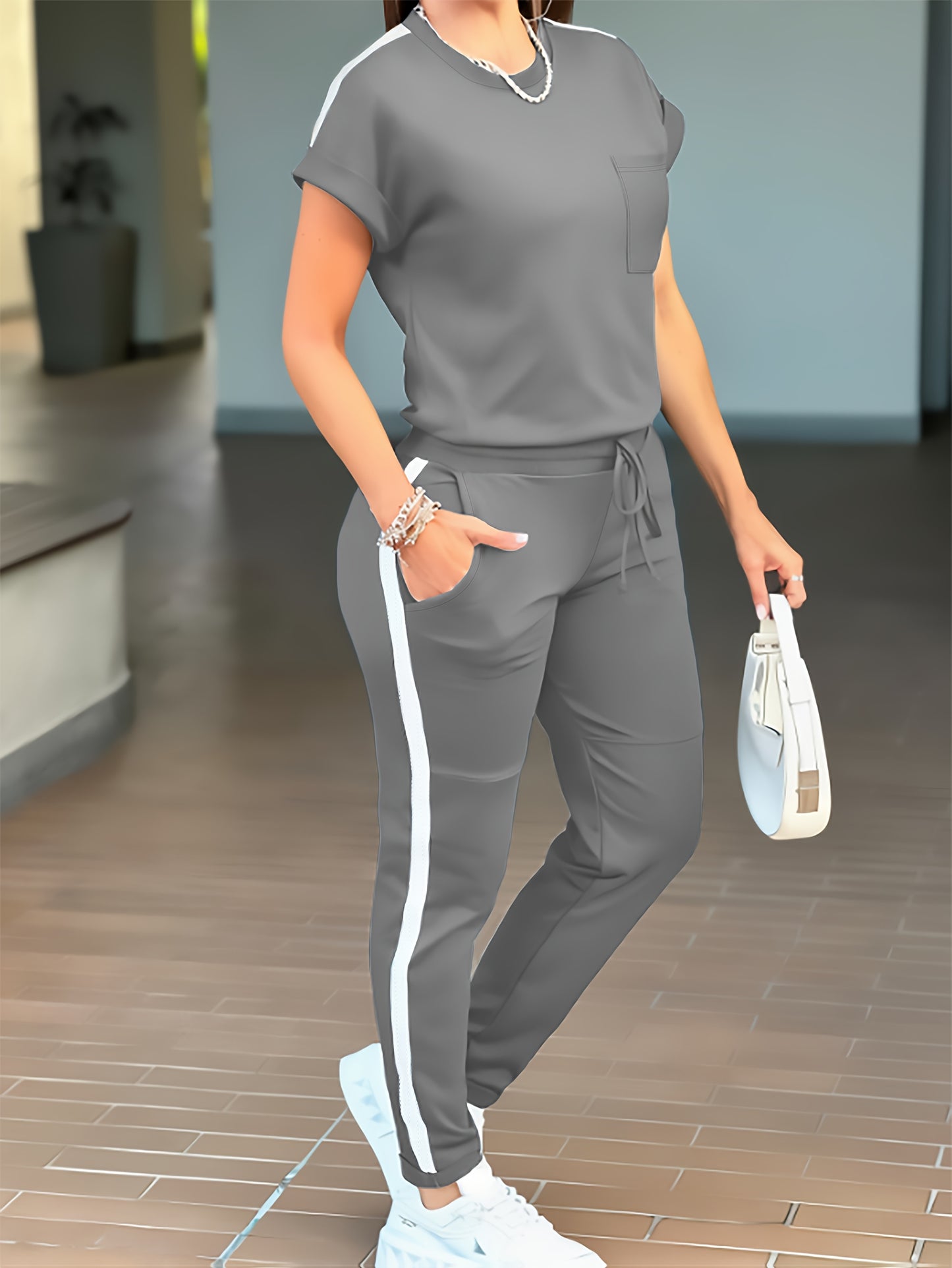 Spring-Summer New Women's Casual Comfort Solid Color Round Neck T-Shirt with Versatile Pocket Straight Pants Set