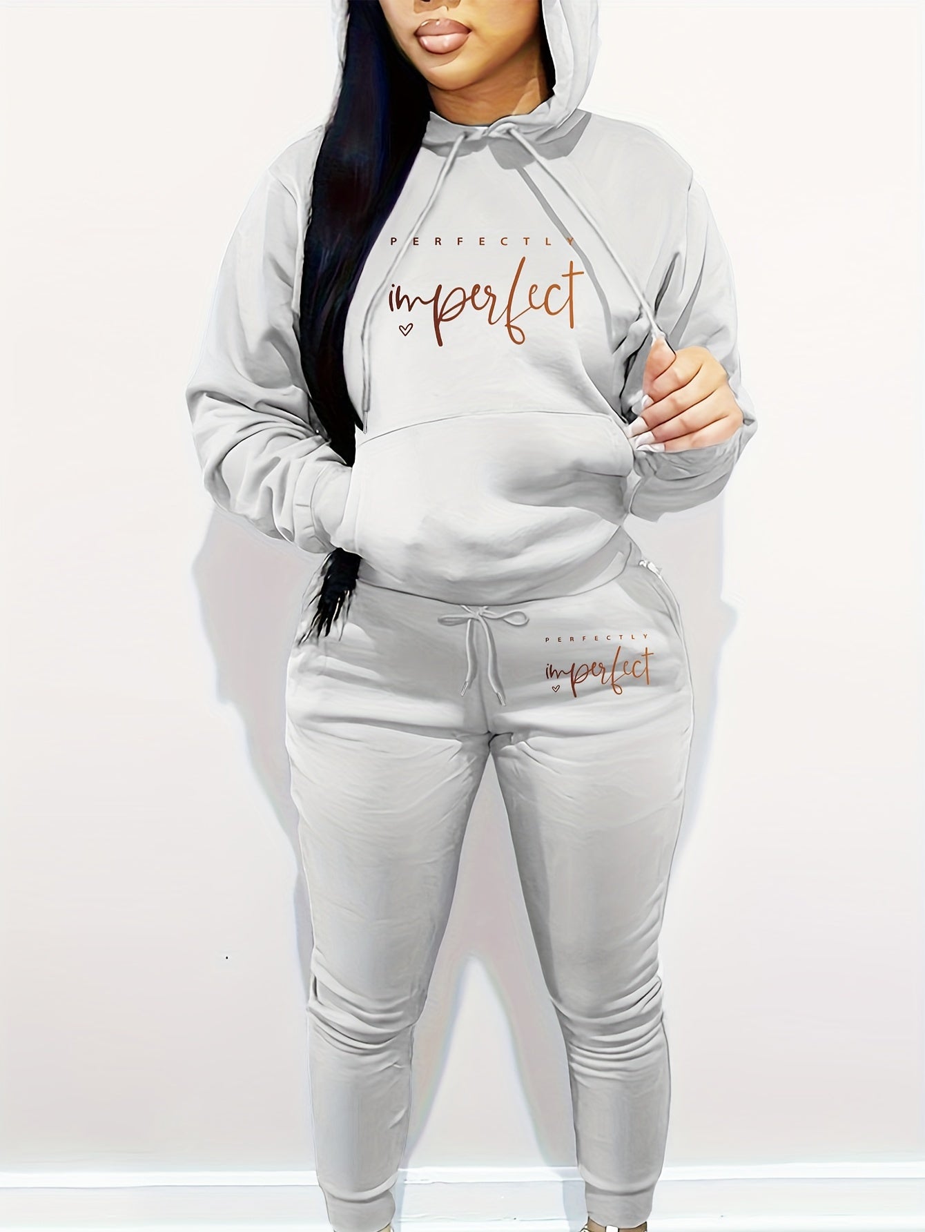 Women's Casual Letter Print Hoodie & Pants Set - Cozy Polyester, Machine Washable, with Pockets - Perfect for Fall/Winter
