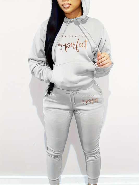 Women's Casual Letter Print Hoodie & Pants Set - Cozy Polyester, Machine Washable, with Pockets - Perfect for Fall/Winter