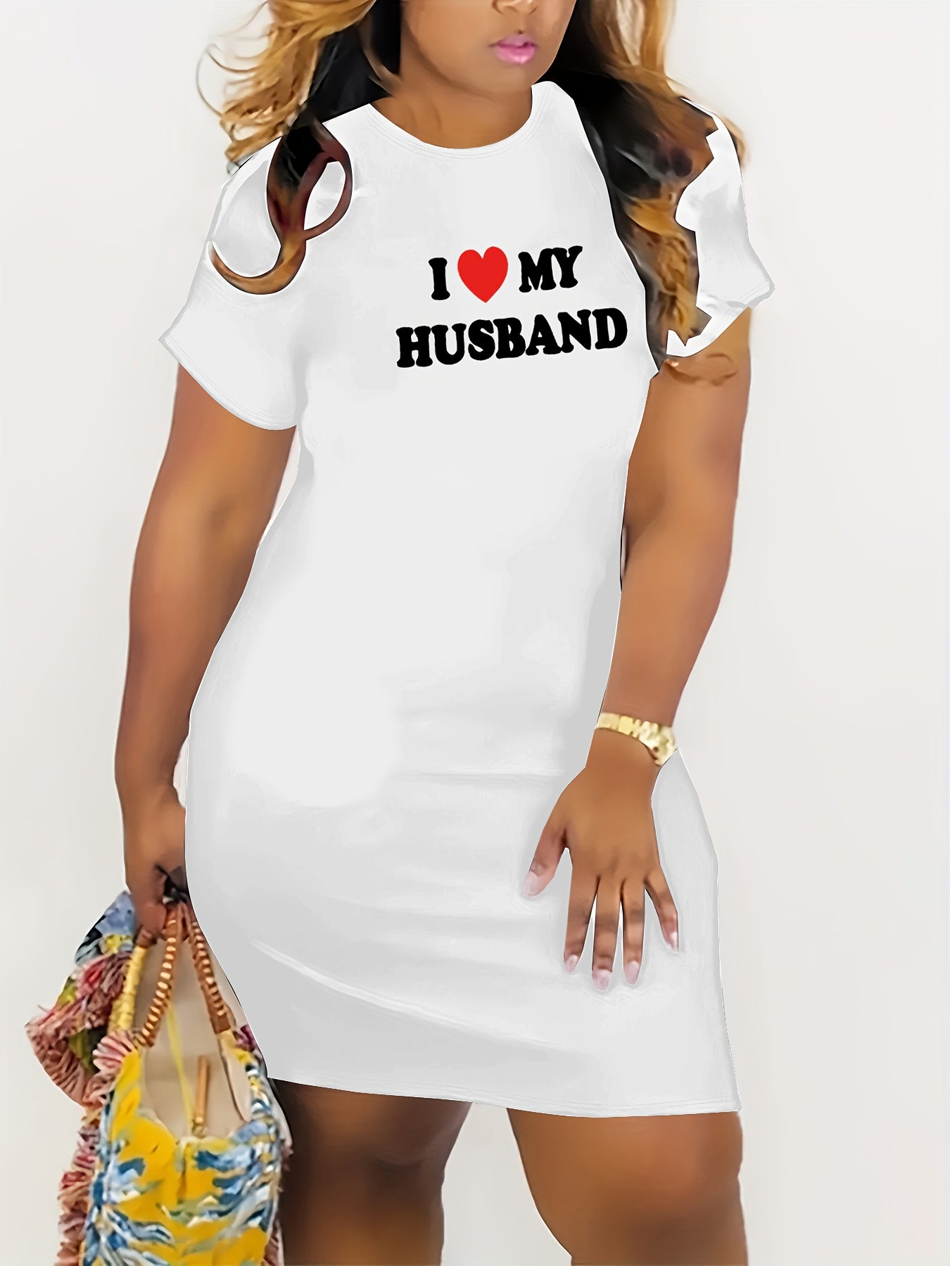 L Love My Husband Print Bodycon Dress, Casual Short Sleeve Crew Neck Dress, Women's Clothing