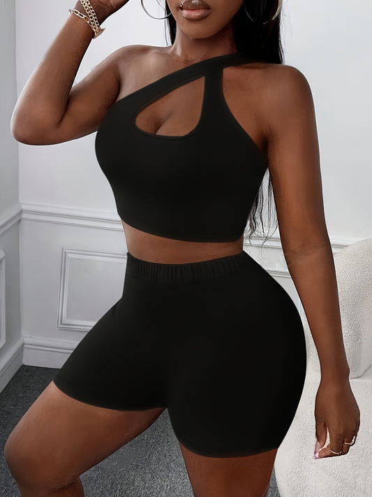 Casual Solid Color Shorts Set, One Shoulder Cut Out Crop Tank Top & High Waist Skinny Leggings, Women's Clothing