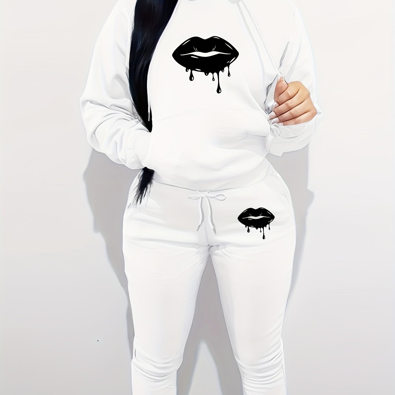 Women'S Casual Two-Piece Set - Gray Hoodie with Black Lip Print & Matching Pants, Long Sleeve, Drawstring Hood, Pockets, Comfortable Fall/Winter Outfit, Comfortable Clothing | Playful Design | Drawstring Hoodie