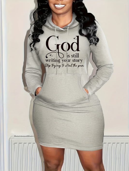 Women'S Hooded Dress - Light Grey with Bold "GOD is Still Writing Your Story" Print - Formal Casual Outfits - Spring/Fall Everyday & Special Occasion Dress - Women'S Clothing, Spring Autumn Attire, Comfortable Fit, Spring Fas