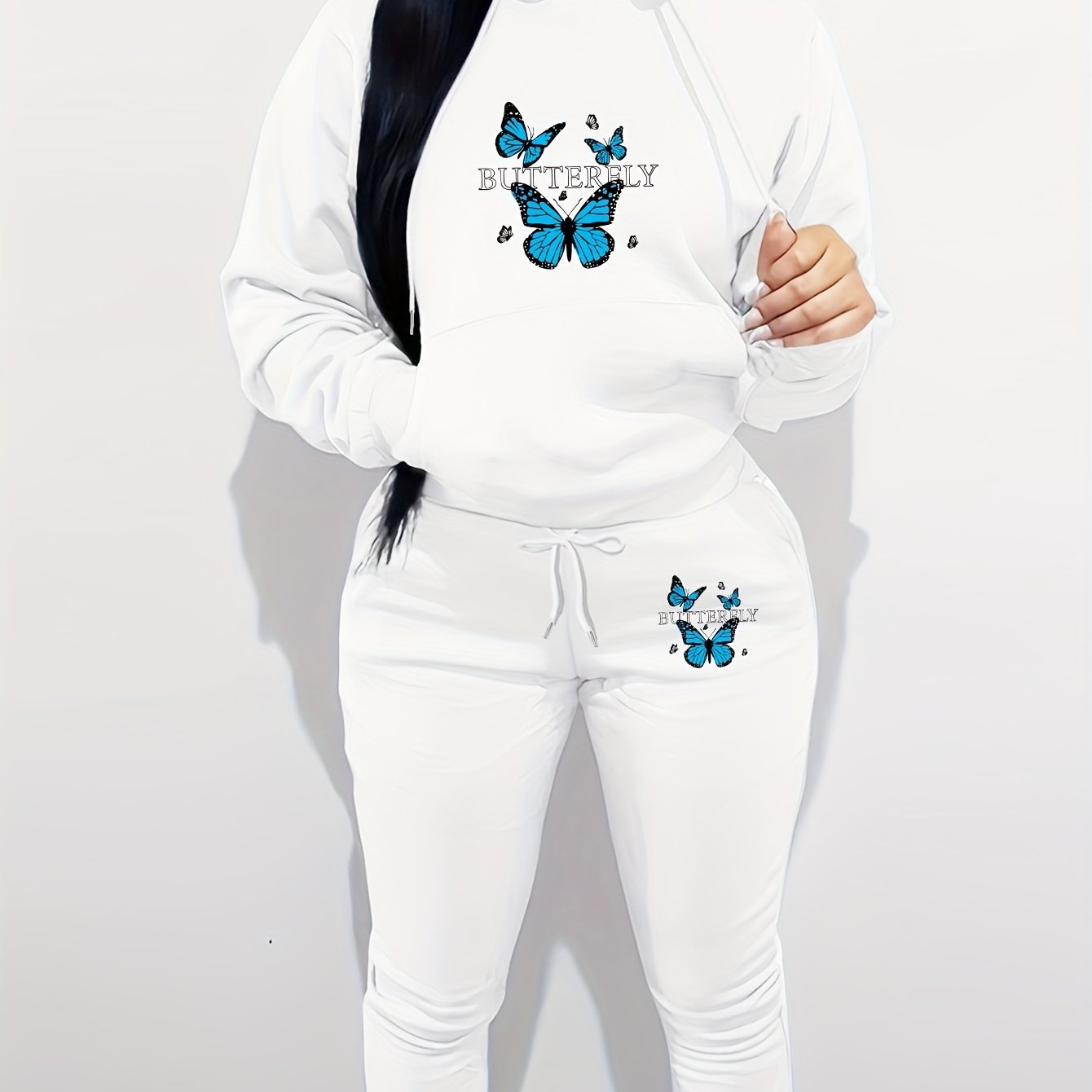 Butterfly Pattern Hooded Long Sleeve Hoodie and Pants - Women's Casual Two-Piece Knit Polyester Set with Pockets