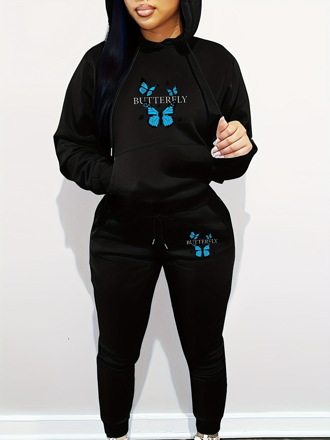 Butterfly Pattern Hooded Long Sleeve Hoodie and Pants - Women's Casual Two-Piece Knit Polyester Set with Pockets