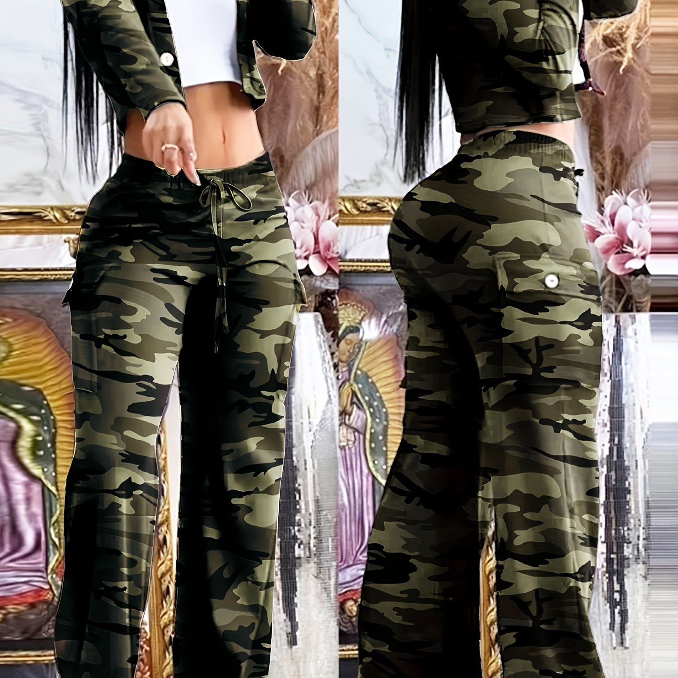 Women'S Stylish Camo Two-Piece Set - Olive Green Camouflage Pants & White Top with Black Shoulder Patches, Casual Outdoor Activewear, Spring/Summer Fashion, Casual Activewear|Olive Green Pants|Stylish Shoulder Patche