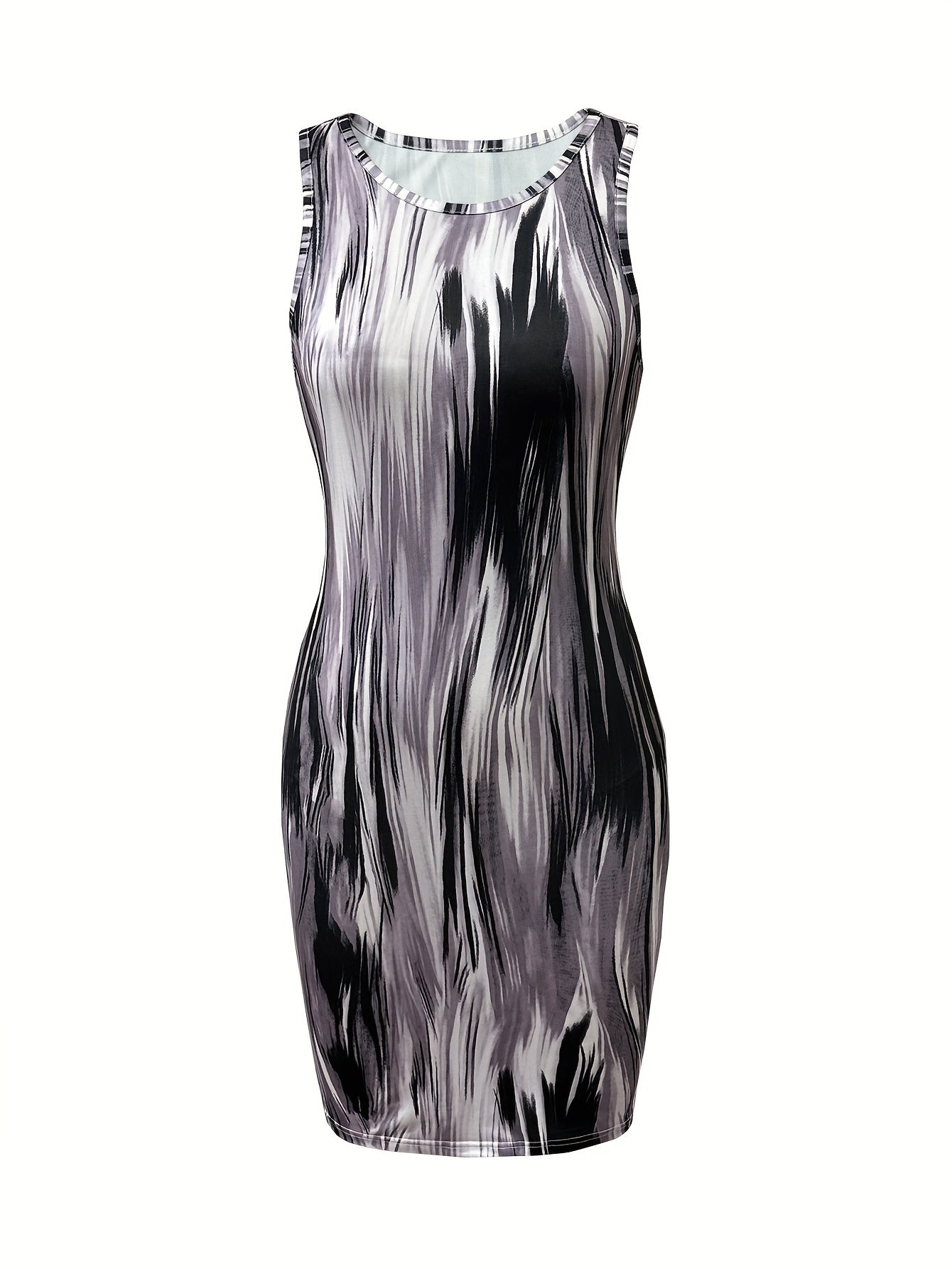 Elegant Tie-Dye Sleeveless Bodycon Dress for Women - Crew Neck, Stretch Polyester, Machine Washable