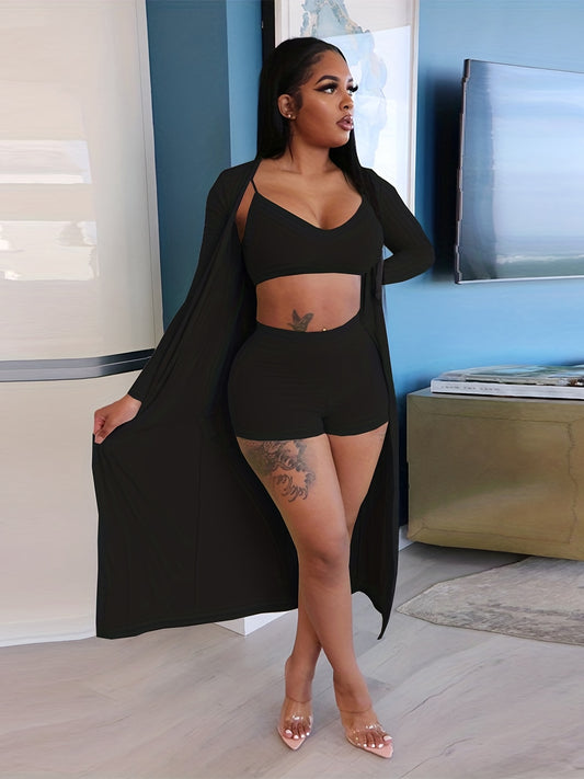 Casual Solid Three-piece Set, Crop Cami Top & High Waist Shorts & Open Front Coat Outfits, Women's Clothing