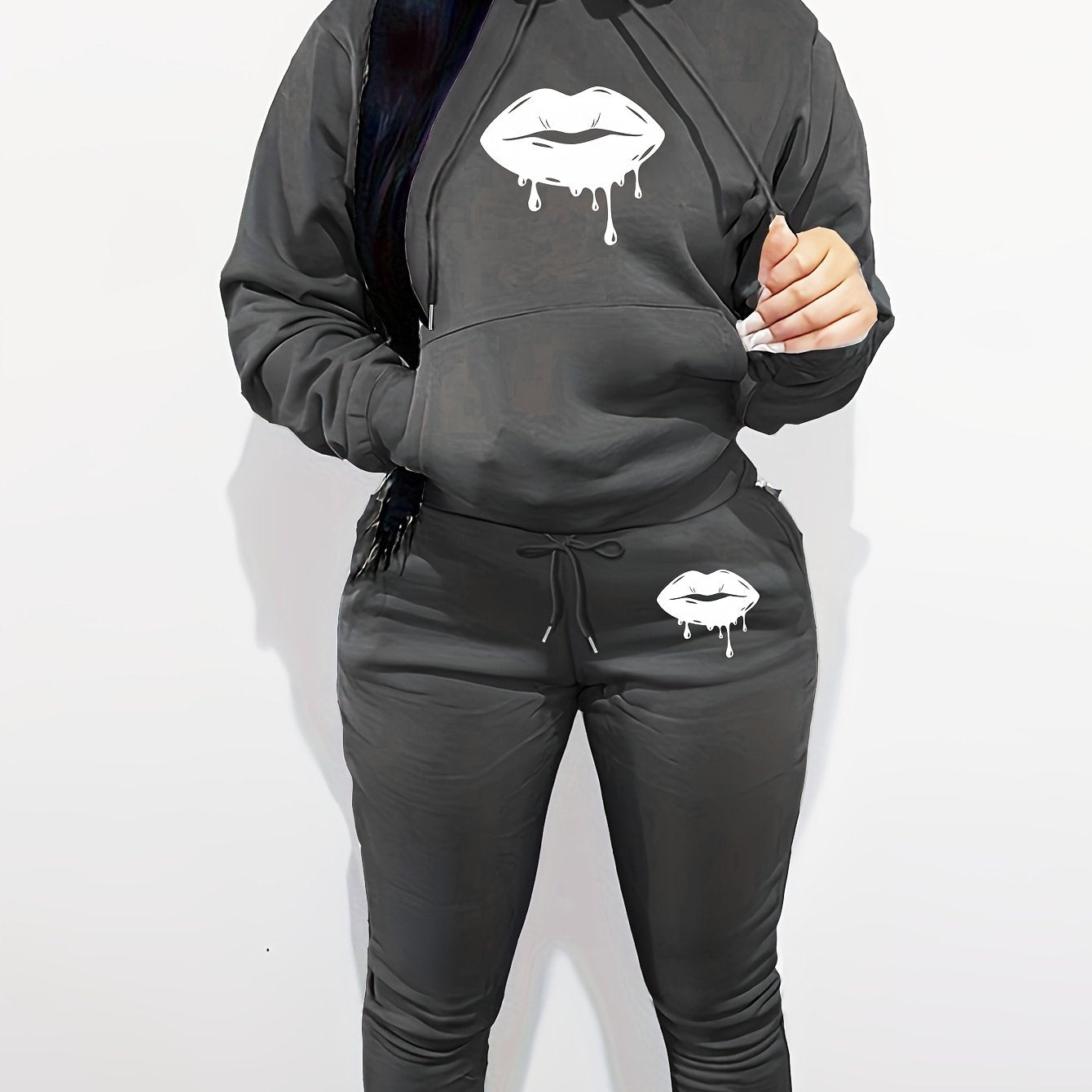 Women'S Casual Two-Piece Set - Gray Hoodie with Black Lip Print & Matching Pants, Long Sleeve, Drawstring Hood, Pockets, Comfortable Fall/Winter Outfit, Comfortable Clothing | Playful Design | Drawstring Hoodie