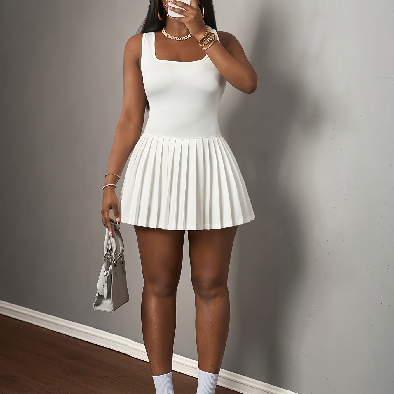 Women's High-Waisted Stretchy Sleeveless Square Neck Mini Dress with Pleated Hem - Flared Fitted Top & Flared Skirt for Commuting, Tennis, Gym, Dates - Machine Washable White Casual Chic Outfit, Fitness Clothing