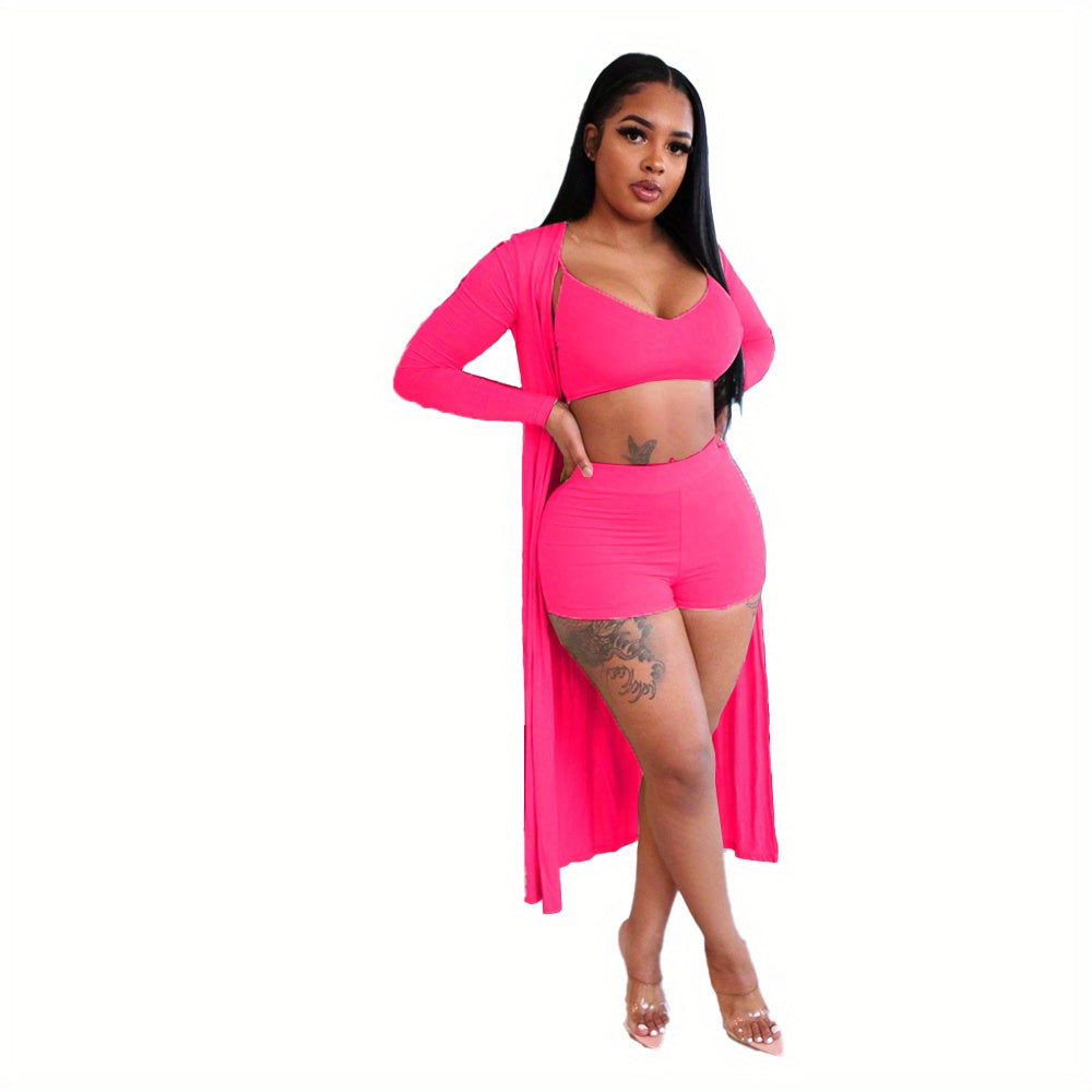 Casual Solid Three-piece Set, Crop Cami Top & High Waist Shorts & Open Front Coat Outfits, Women's Clothing