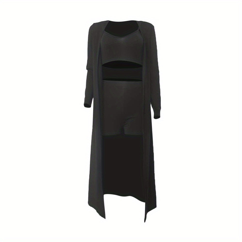 Casual Solid Three-piece Set, Crop Cami Top & High Waist Shorts & Open Front Coat Outfits, Women's Clothing
