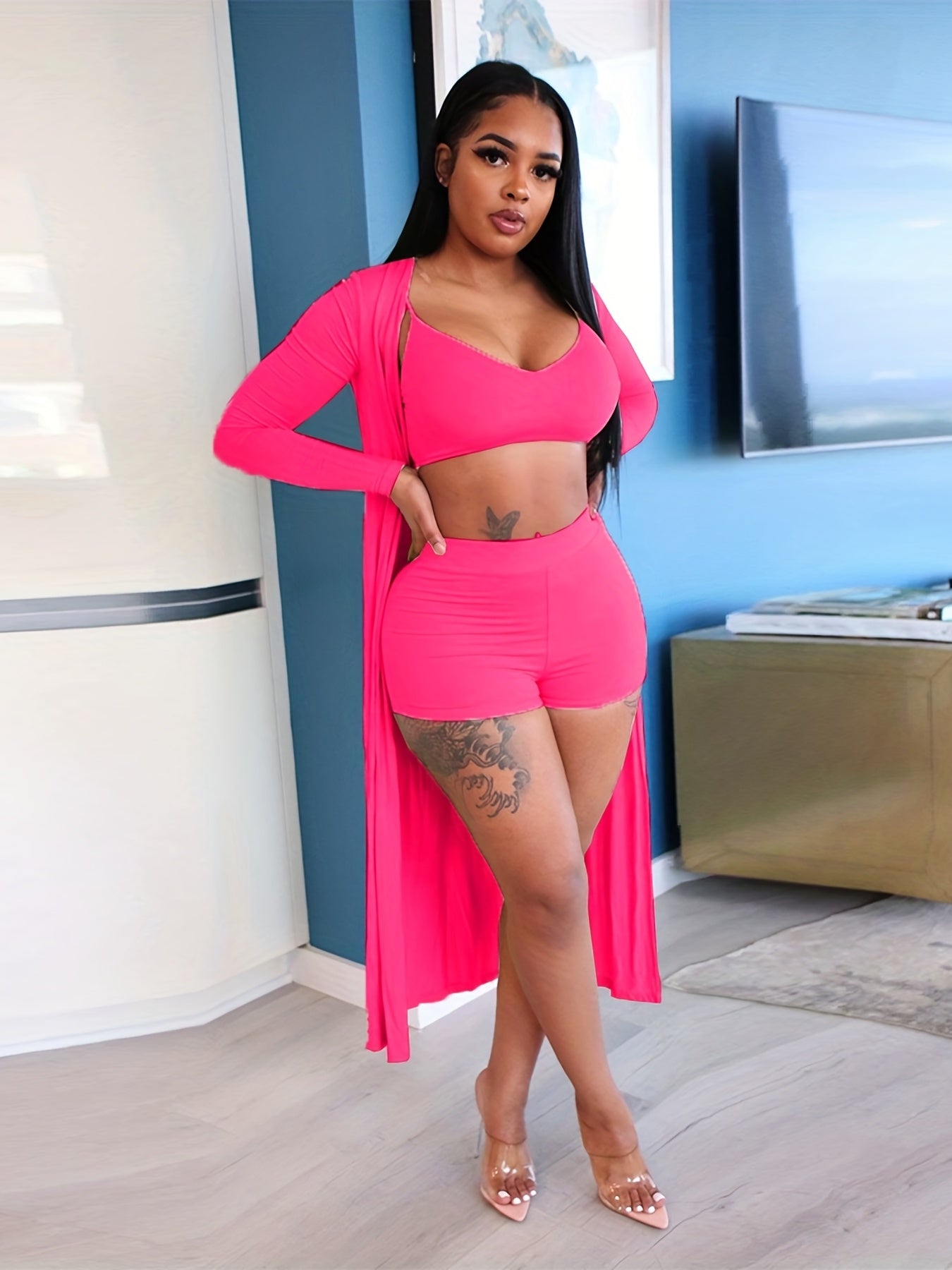 Casual Solid Three-piece Set, Crop Cami Top & High Waist Shorts & Open Front Coat Outfits, Women's Clothing
