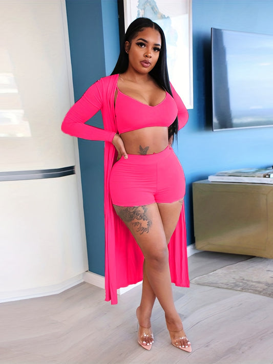 Casual Solid Three-piece Set, Crop Cami Top & High Waist Shorts & Open Front Coat Outfits, Women's Clothing