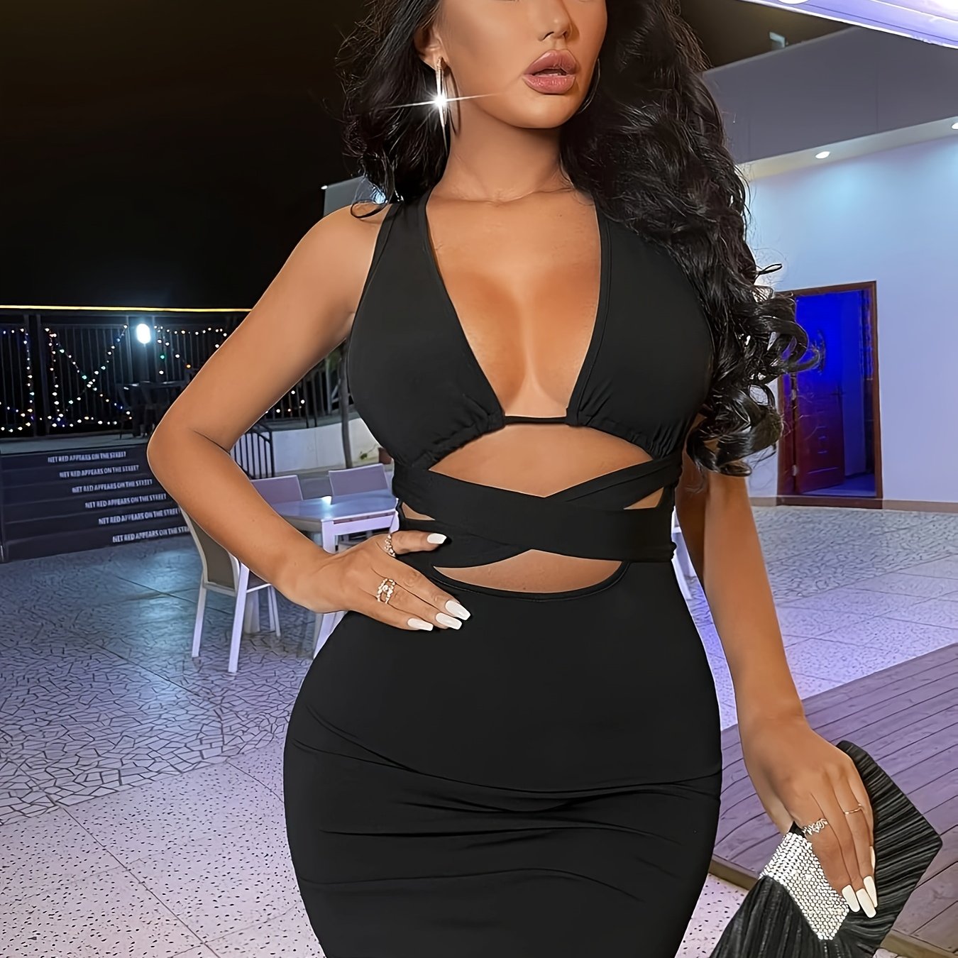 Women's Sexy Yellow Bodycon Dress with Criss Cross Tie Back, Plunging Neckline - Sleeveless, Stretch Polyester Fabric, Machine Washable, Summer Outfit | Criss Cross Design | Stretchable Material, Body Fitting Dress