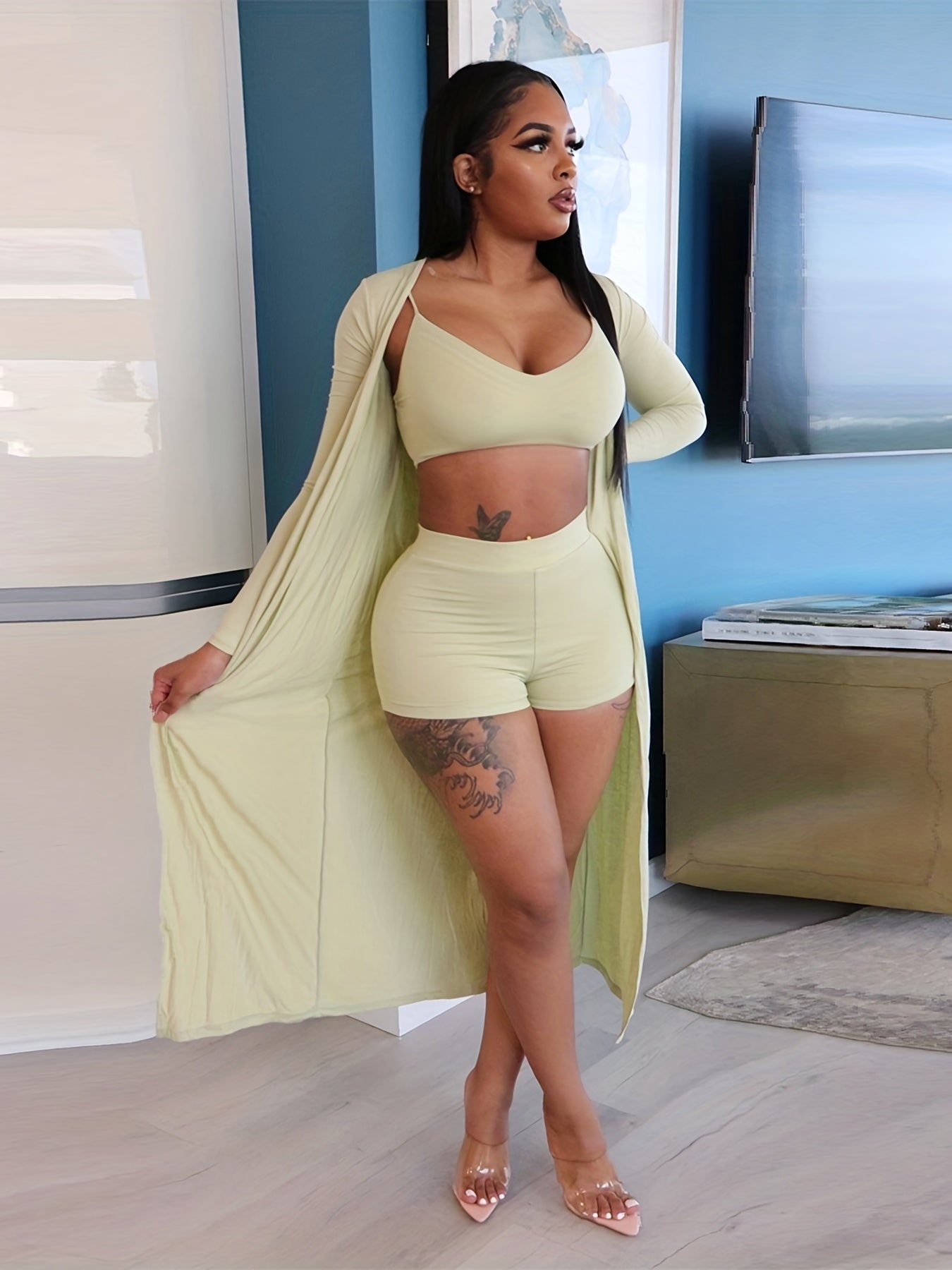 Casual Solid Three-piece Set, Crop Cami Top & High Waist Shorts & Open Front Coat Outfits, Women's Clothing