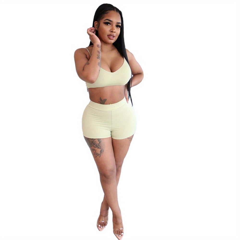 Casual Solid Three-piece Set, Crop Cami Top & High Waist Shorts & Open Front Coat Outfits, Women's Clothing