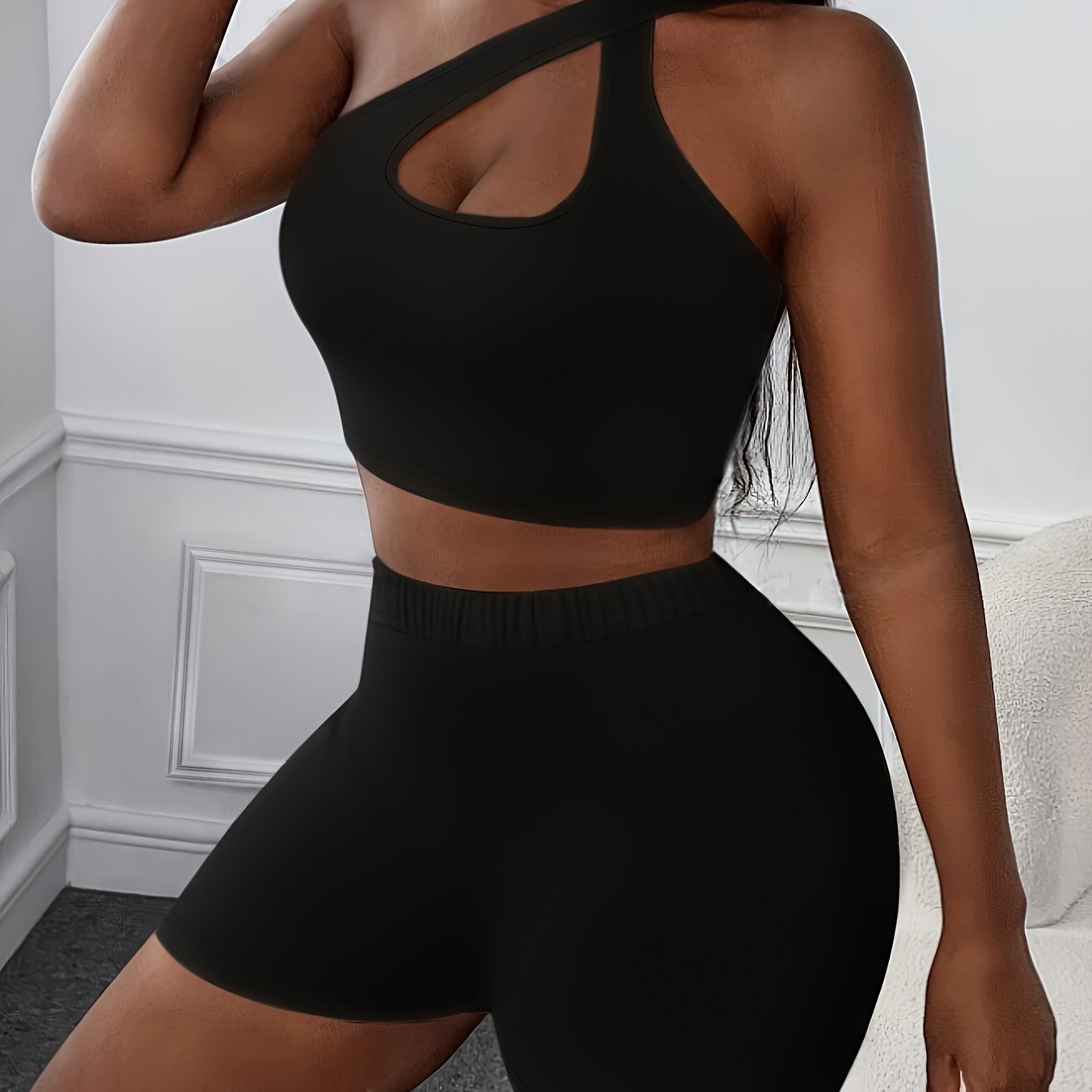 Casual Solid Color Shorts Set, One Shoulder Cut Out Crop Tank Top & High Waist Skinny Leggings, Women's Clothing