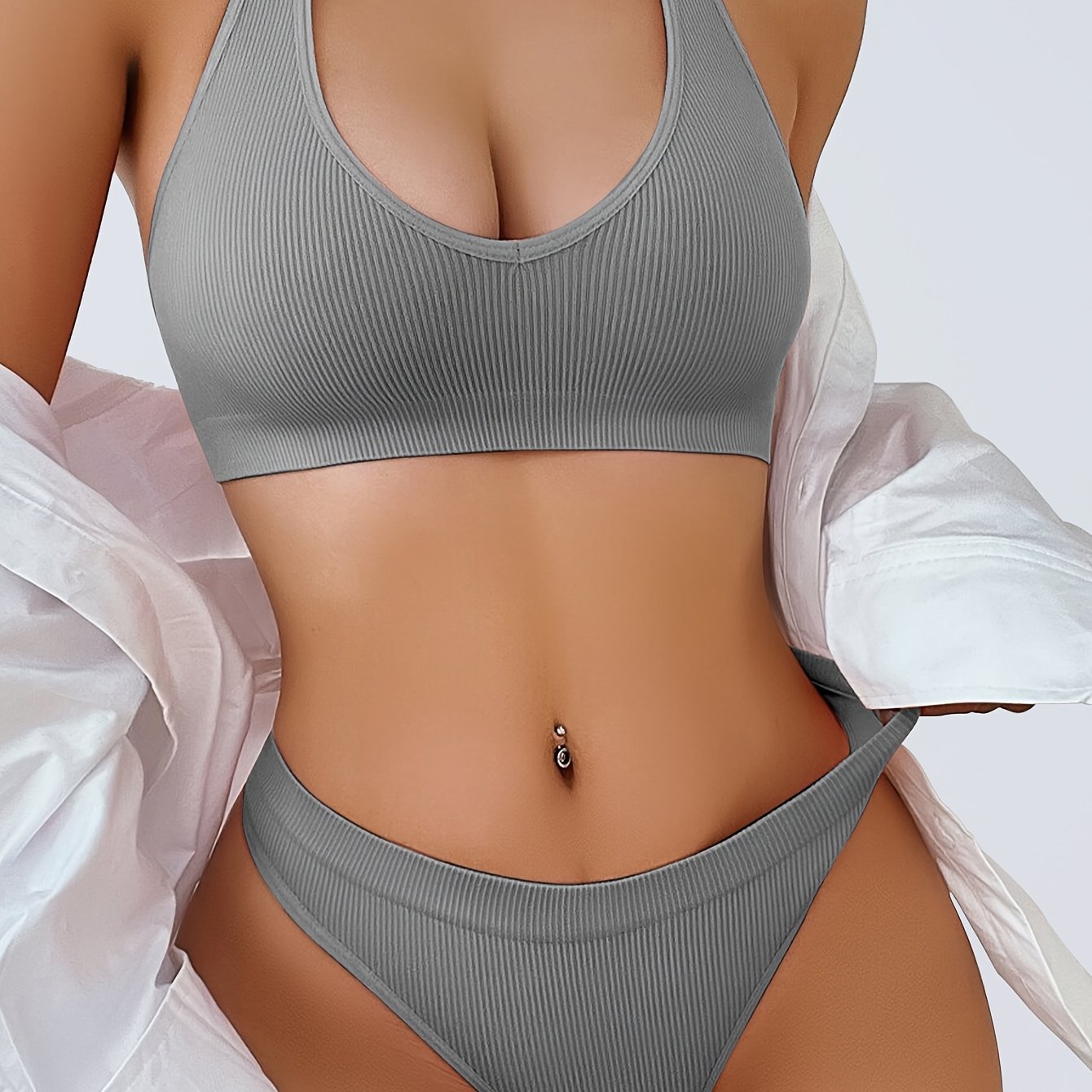 [2pcs Comfortable Camisole Bra Set] 2pcs Women'S Camisole Bra And Panty Set - Solid Color, Knitted Fabric, Slight Stretch, Comfortable And Breathable Sportswear, Top with Bra Pads