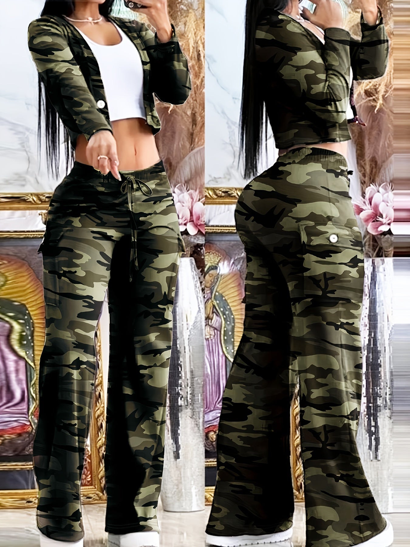 Women'S Stylish Camo Two-Piece Set - Olive Green Camouflage Pants & White Top with Black Shoulder Patches, Casual Outdoor Activewear, Spring/Summer Fashion, Casual Activewear|Olive Green Pants|Stylish Shoulder Patche