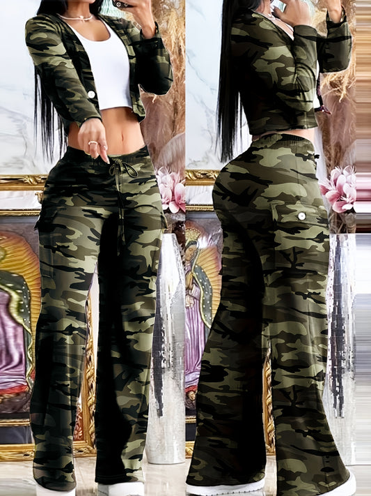Women'S Stylish Camo Two-Piece Set - Olive Green Camouflage Pants & White Top with Black Shoulder Patches, Casual Outdoor Activewear, Spring/Summer Fashion, Casual Activewear|Olive Green Pants|Stylish Shoulder Patche