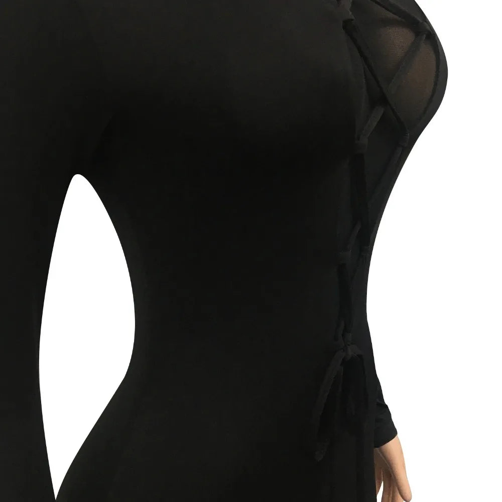 Mesh Patchwork Lace Up Turtleneck Bodycon Elastic Jumpsuit Women Sexy Club Night Party One Piece Overall Romper 2021