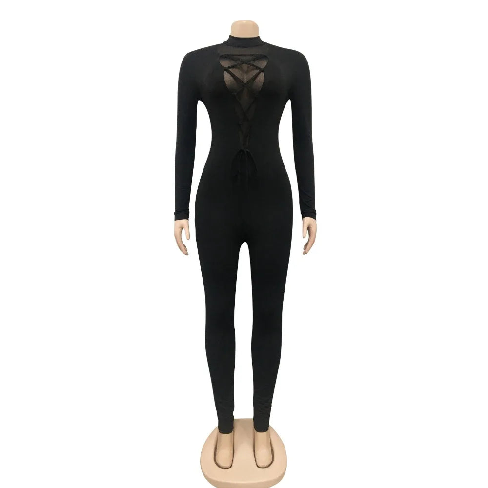 Mesh Patchwork Lace Up Turtleneck Bodycon Elastic Jumpsuit Women Sexy Club Night Party One Piece Overall Romper 2021