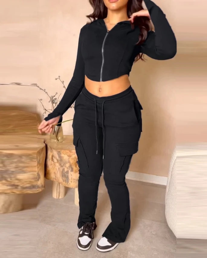 Womens Two Piece Casual Skinny Zipper Design Long Sleeve Crop Hoodie and Drawstring V-cut Waistline Cargo Joggers Sweatpants Set