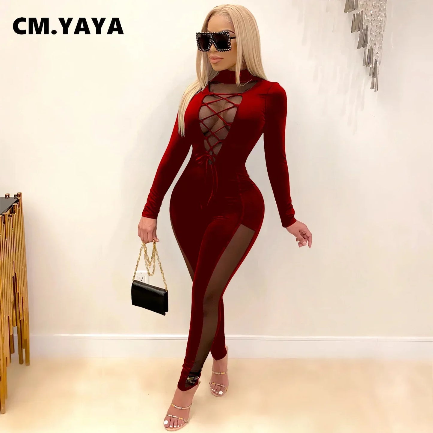 Mesh Patchwork Lace Up Turtleneck Bodycon Elastic Jumpsuit Women Sexy Club Night Party One Piece Overall Romper 2021