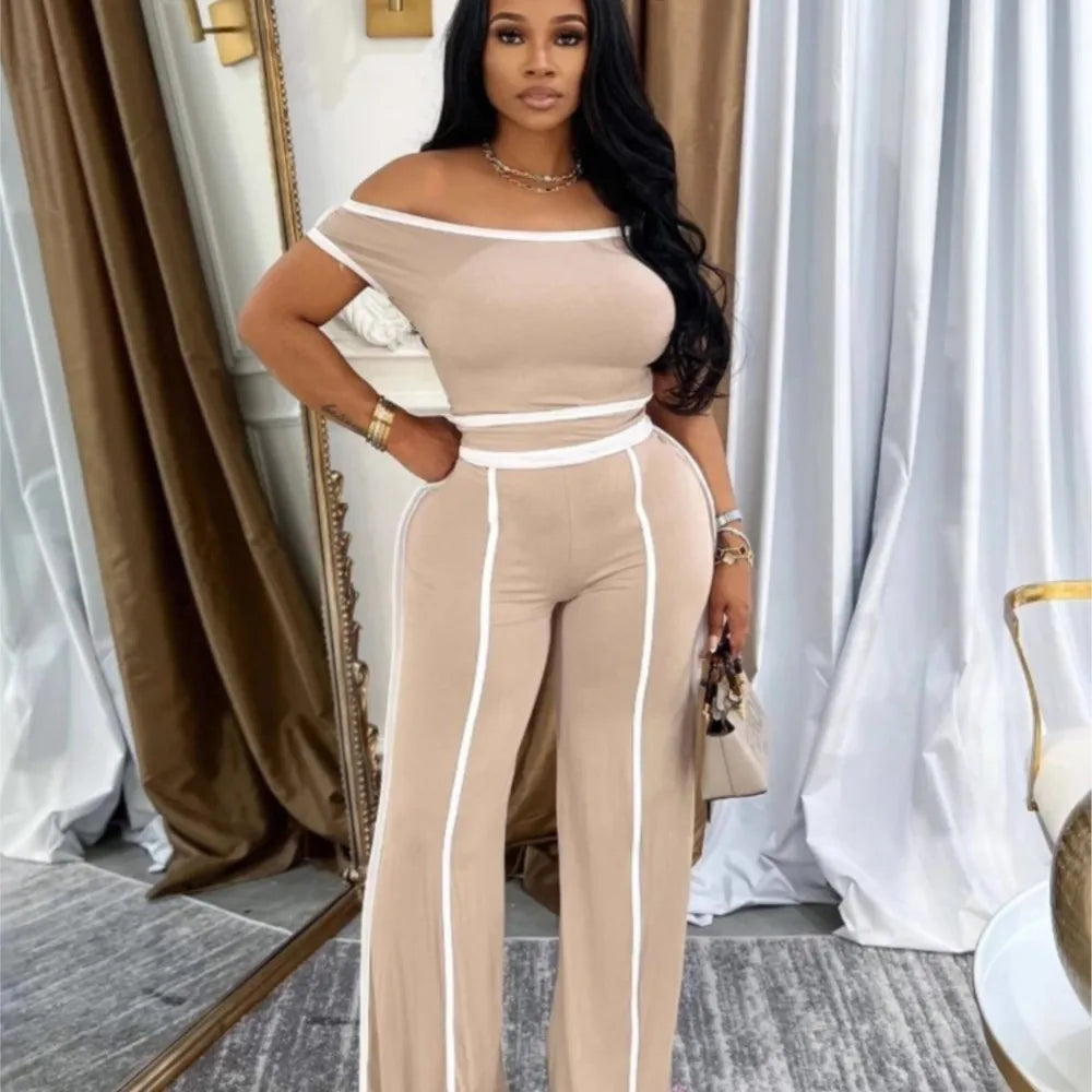 Sexy Women Onelength Shoulder Splicing Line High Waisted Pants Suit Spring New  Casual Wide-leg Pants Short Sleeve 2 Piece Set