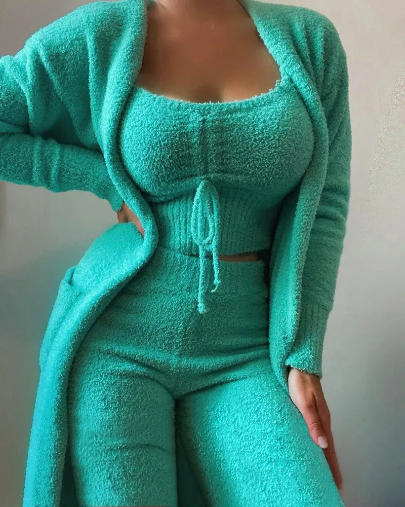 Women's Winter New Fashion Plush Pajamas Three-piece Set，Halter Short Top+high-waisted Straight-leg Pants+long Cardigan Jacket