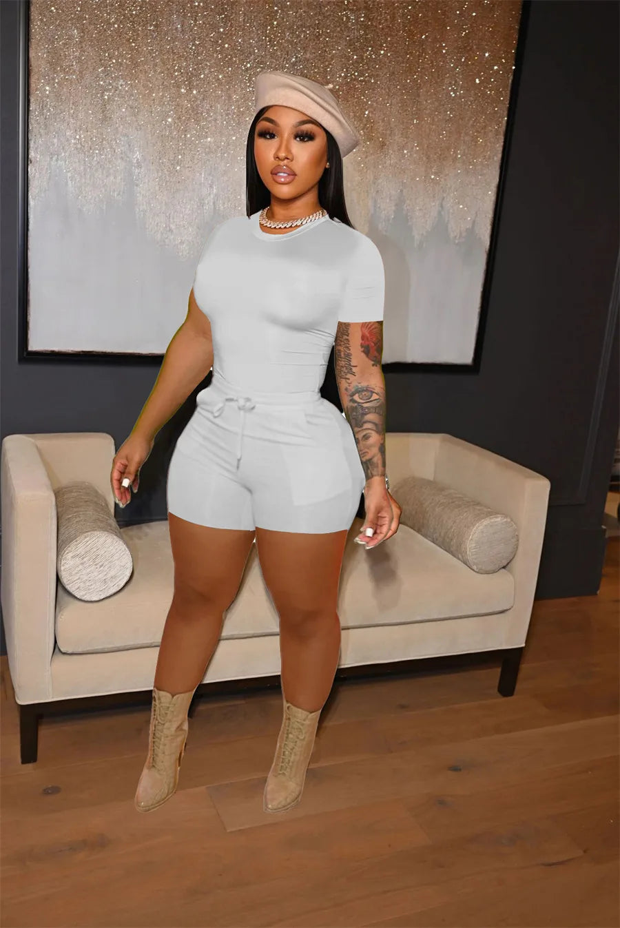 FAGADOER Solid Color Short Sleeve Crop Top and Pockets Biker Shorts 2 Pcs Set Sexy Slim Summer Fashion Outfit Casual Streetwear