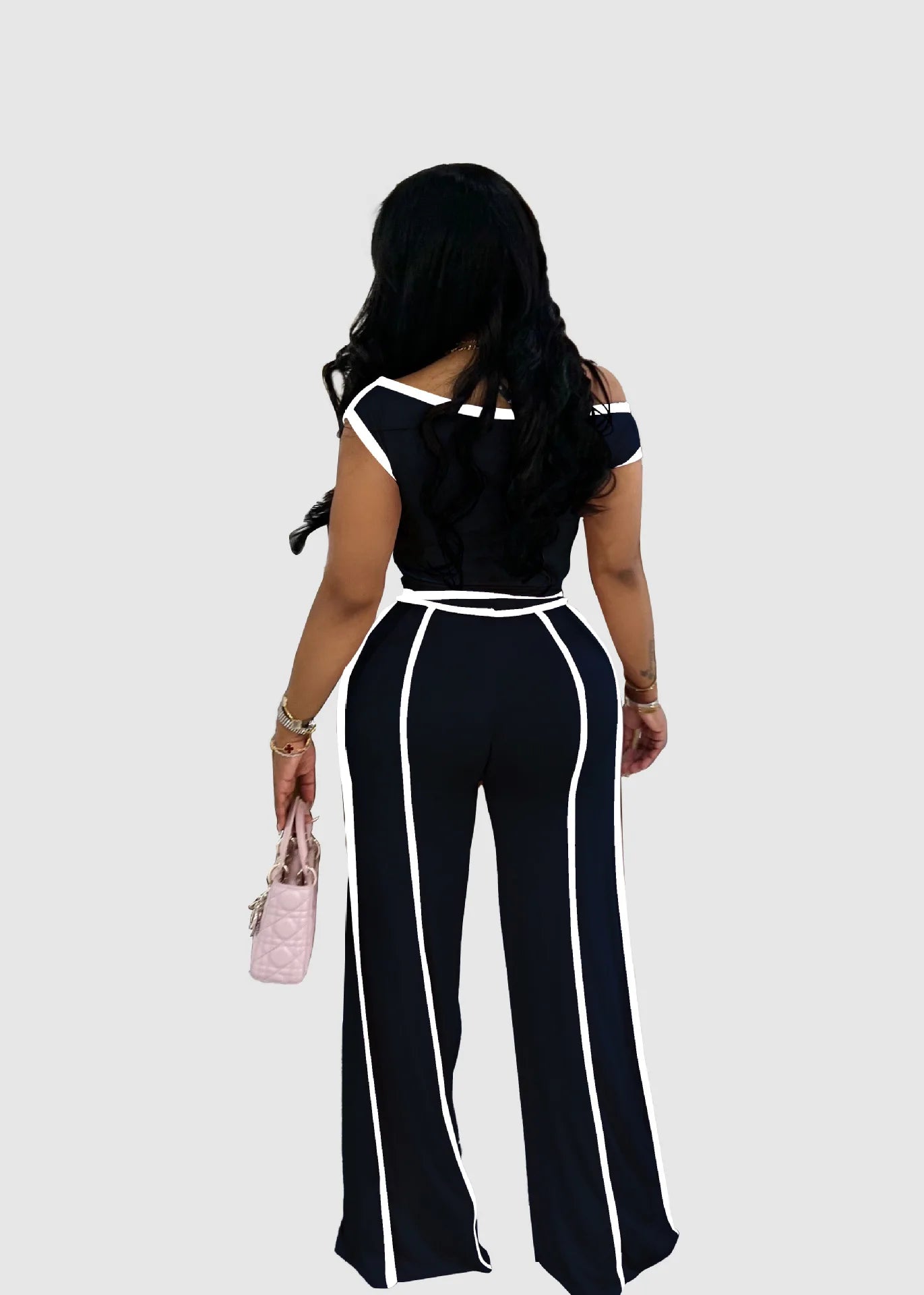 Sexy Women Onelength Shoulder Splicing Line High Waisted Pants Suit Spring New  Casual Wide-leg Pants Short Sleeve 2 Piece Set