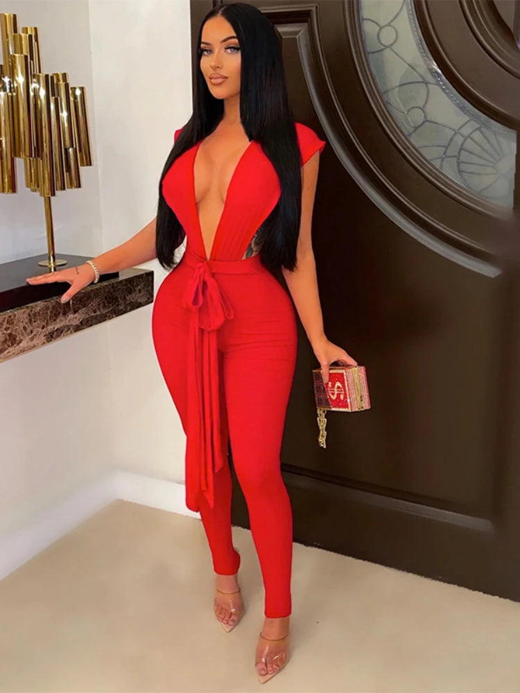 Sexy Skinny V-neck Jumpsuit Women Hollow Out Lace Up Strings Baddies Bodysuit Outfit Overalls Club Outfit Pant Set