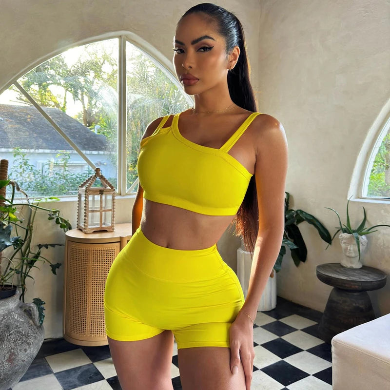 Hugcitar Summer Fashion 2 Pcs Sets Solid Straps Backless Sexy Crop Tank Top Draped Shorts Slim Women Clothes Vacation Work Out