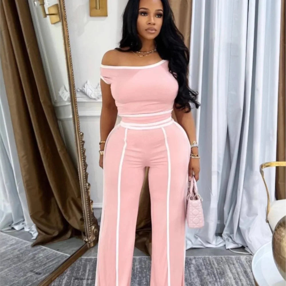 Sexy Women Onelength Shoulder Splicing Line High Waisted Pants Suit Spring New  Casual Wide-leg Pants Short Sleeve 2 Piece Set