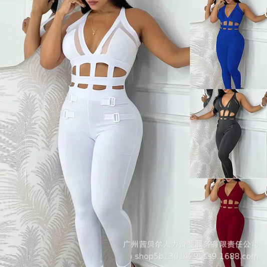 2024 New White Waist Hollow Strap Neck Tight Jumpsuit Fashion Trend Sleeveless Spring And Autumn Solid Color