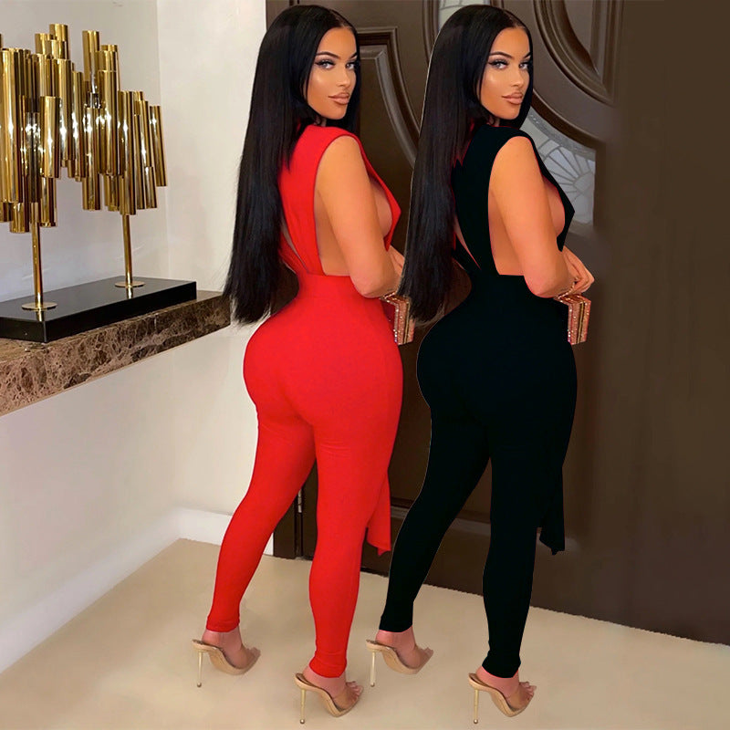 Sexy Skinny V-neck Jumpsuit Women Hollow Out Lace Up Strings Baddies Bodysuit Outfit Overalls Club Outfit Pant Set