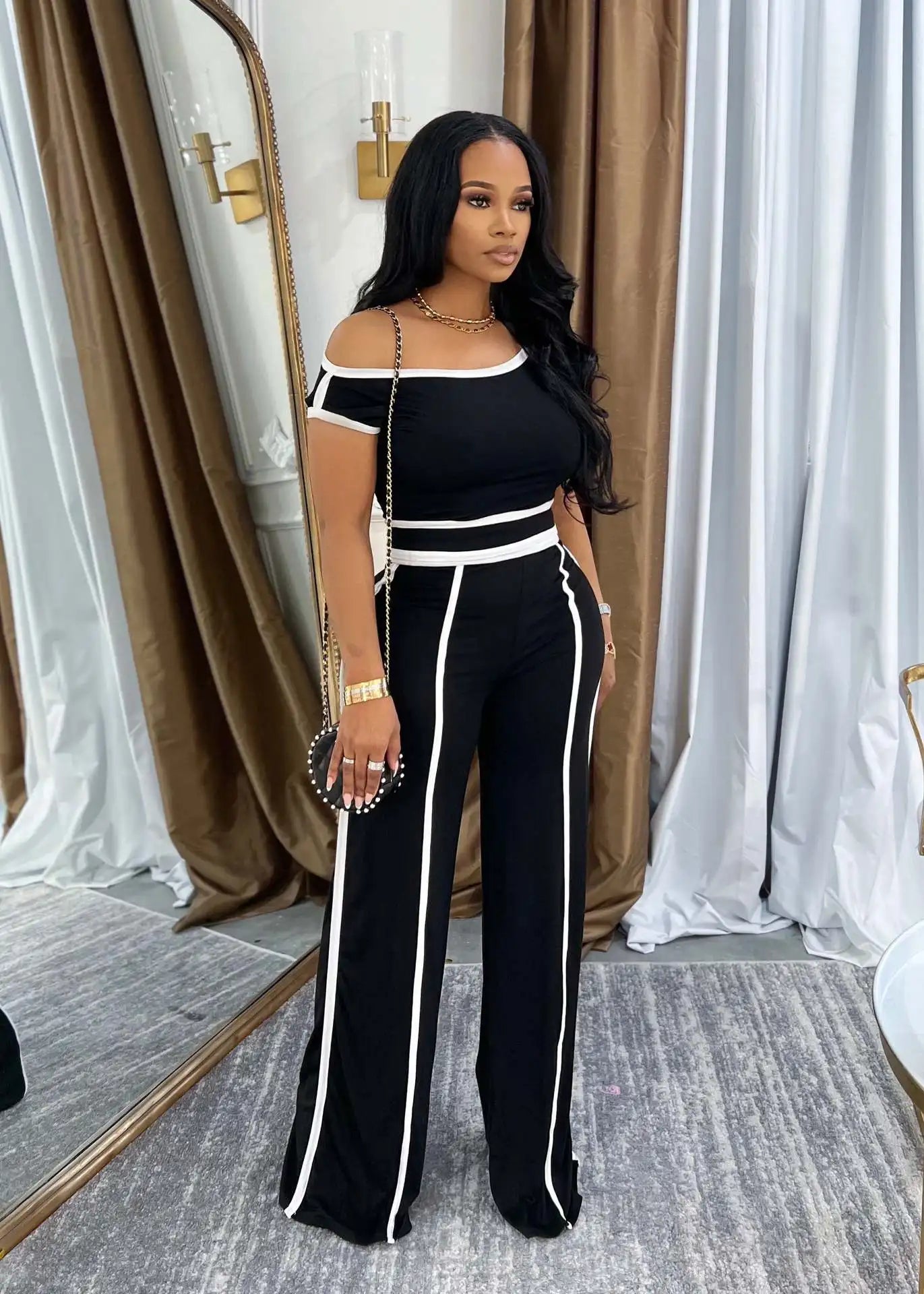 Sexy Women Onelength Shoulder Splicing Line High Waisted Pants Suit Spring New  Casual Wide-leg Pants Short Sleeve 2 Piece Set