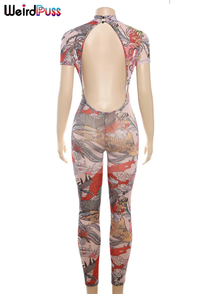 See Through Jumpsuit Women Backless Dragon Print Short Sleeve Fitness Activity Workout Overalls Slim Stretch Clubwear