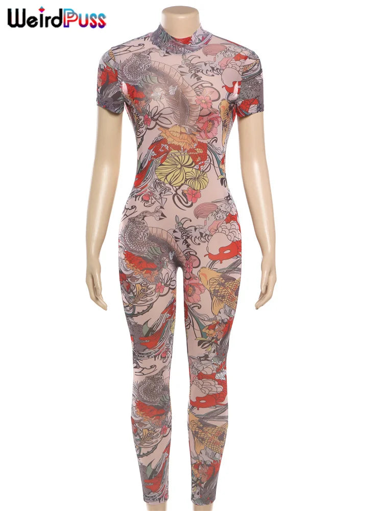 See Through Jumpsuit Women Backless Dragon Print Short Sleeve Fitness Activity Workout Overalls Slim Stretch Clubwear
